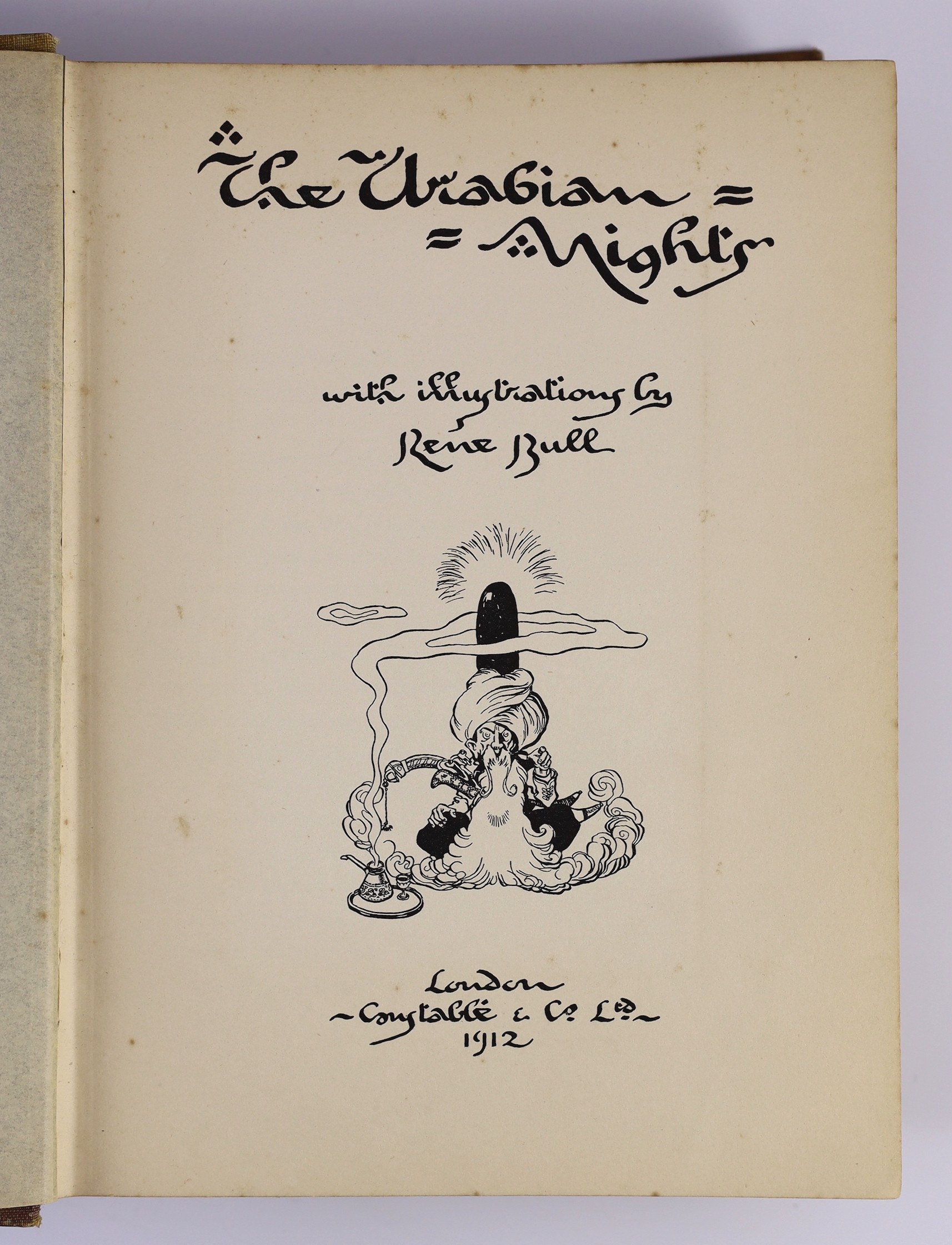 Arabian Nights - The Arabian Nights, illustrated with 20 colour plates by Rene Bull, 4to, pictorial cloth gilt, spine sunned and with small tears, Constable & Co., London, 1912
